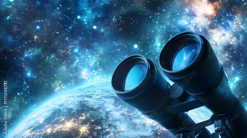 Scientific space research. Exploration of the universe. Planet earth and binoculars. Low-poly design. Blue background. Scientific space research. Exploration of the universe. Planet earth and binoculars. Low-poly design. Blue background.