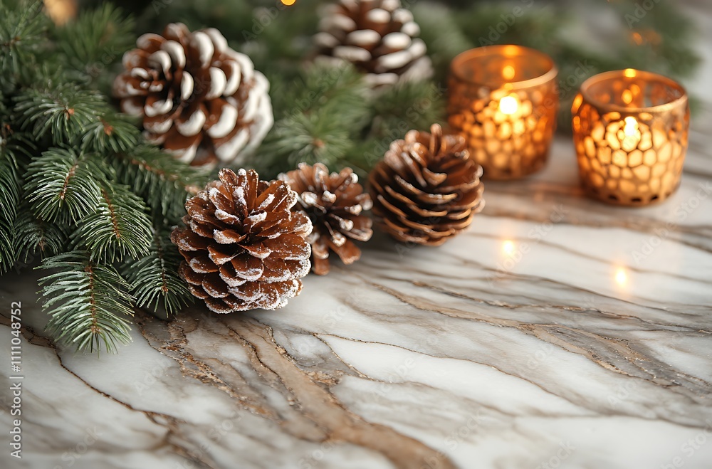 Pine Cones and Candles on Marble Surface. Pine Cones and Candles on Marble Surface.