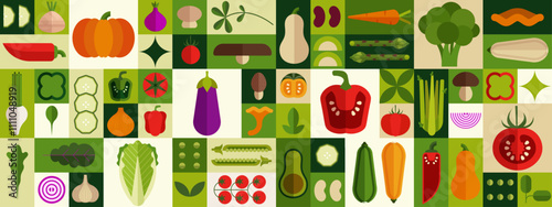 Food icon. Healthy farm pattern, fresh supermarket products like cucumber, salad and pumpkin. Simple green market Bauhaus style pattern. Cartoon geometry ornament. Vector mosaic background
