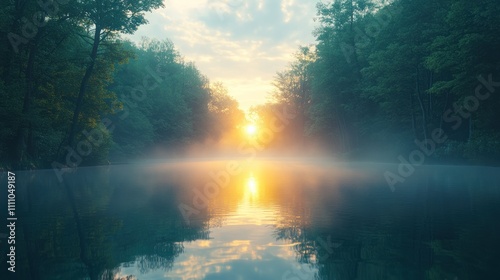 Misty Sunrise over Serene Lake in Forest