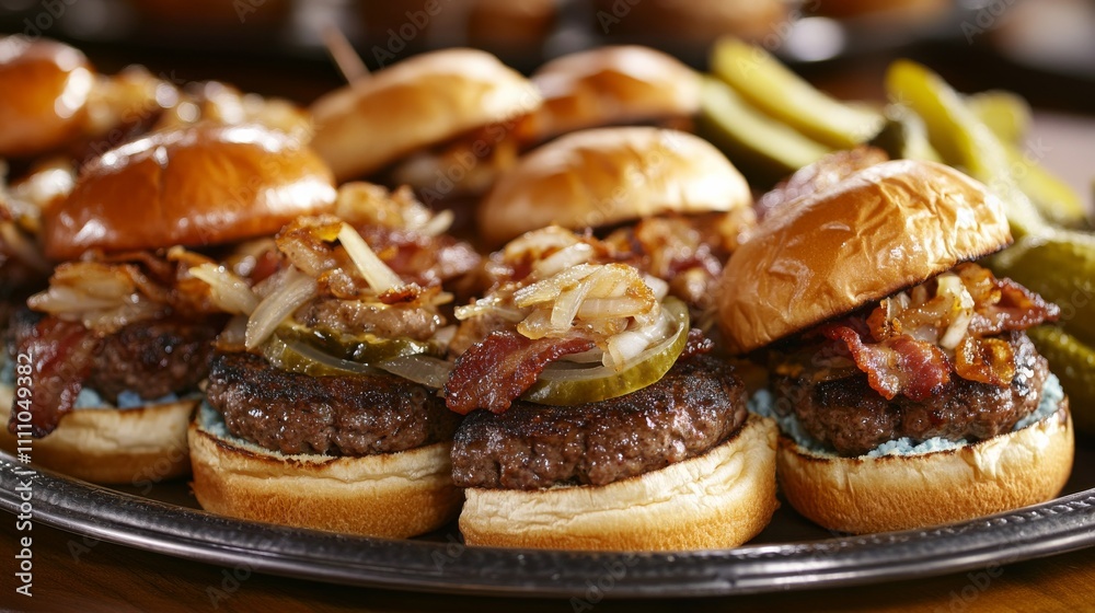 Photo of, A tantalizing platter of assorted gourmet sliders featuring mini burgers with a variety of toppings such as caramelized onions, bacon Photo of, A tantalizing platter of assorted gourmet sliders featuring mini burgers with a variety of toppings such as caramelized onions, bacon