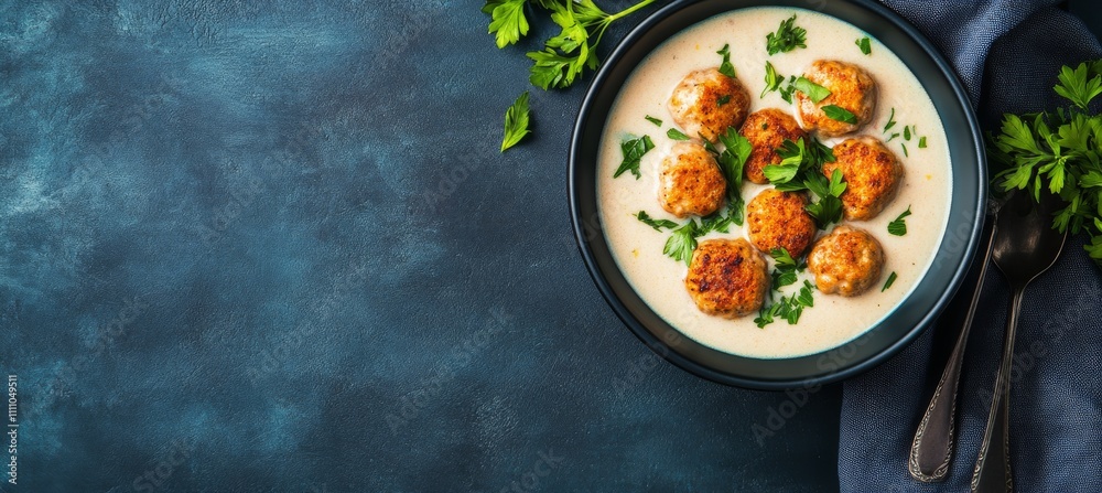 Creamy lemon chicken meatball soup served in a bowl with fresh herbs Creamy lemon chicken meatball soup served in a bowl with fresh herbs