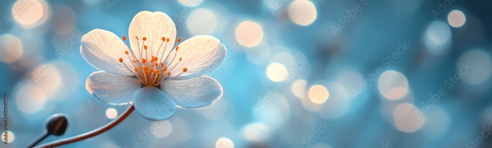 White flower with red stamens on a branch, frame , space for text White flower with red stamens on a branch, frame , space for text