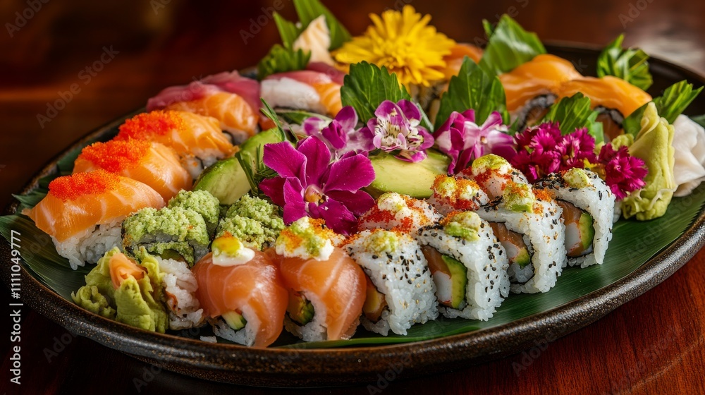 Photo of, A tantalizing platter of assorted sushi rolls featuring California rolls, spicy tuna rolls Photo of, A tantalizing platter of assorted sushi rolls featuring California rolls, spicy tuna rolls