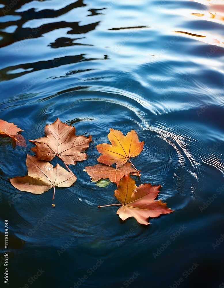 Autumn leaves gently float on a serene, dark blue water surface. Autumn leaves gently float on a serene, dark blue water surface.
