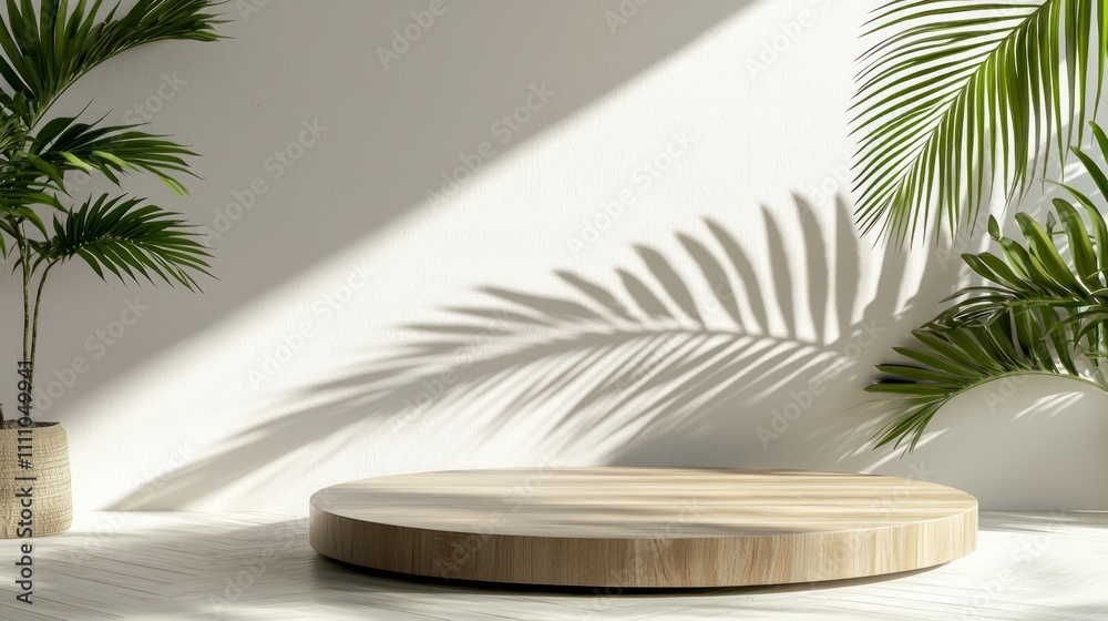 Sunlight Dappled Wooden Display Platform with Tropical Plants Sunlight Dappled Wooden Display Platform with Tropical Plants
