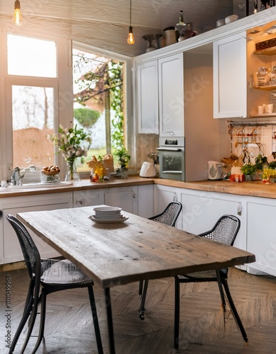 Rustic farmhouse kitchen with a large wooden table and white cabinets.