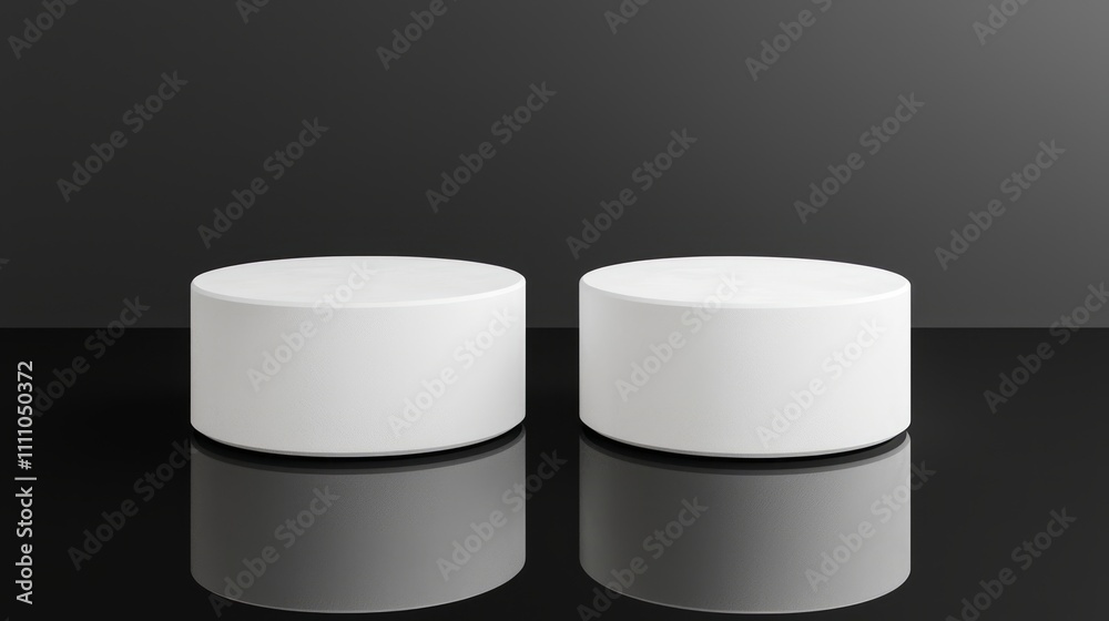 Two White Cylindrical Display Platforms on a Reflective Surface Two White Cylindrical Display Platforms on a Reflective Surface