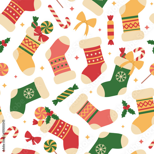 Seamless pattern with colorful Christmas stockings on white background. Holiday gift socks with candies, lollipops and candy canes. Vector flat illustration for wallpaper, textile, packaging