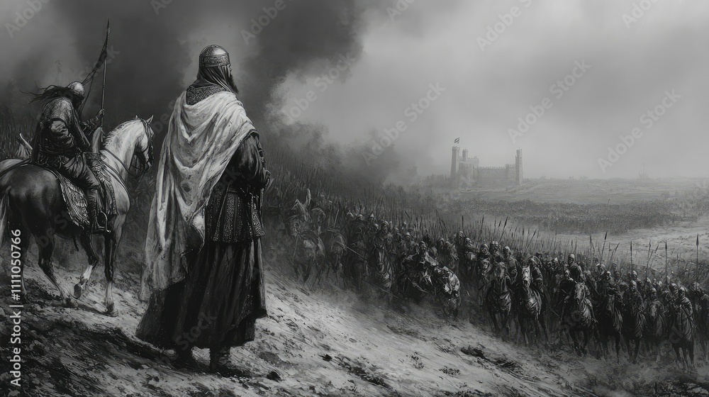 Fototapeta premium Dramatic Scene of Warriors Gathering Beside a Fortress in a Stormy Landscape, Capturing the Intensity of Medieval Battle Preparations and Tactical Maneuvers