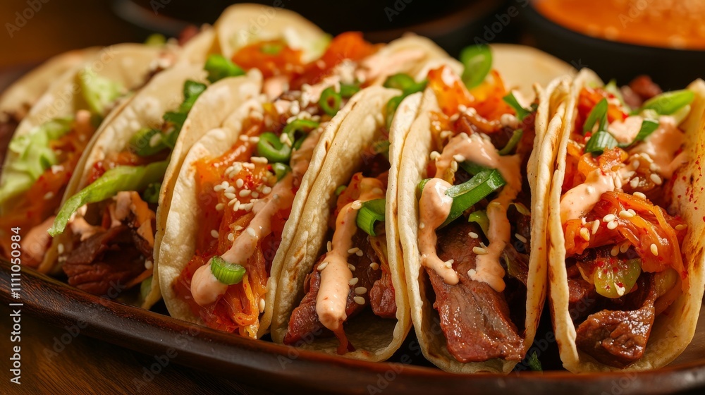 Photo of, A tantalizing platter of Korean BBQ bulgogi tacos filled with marinated beef, kimchi Photo of, A tantalizing platter of Korean BBQ bulgogi tacos filled with marinated beef, kimchi
