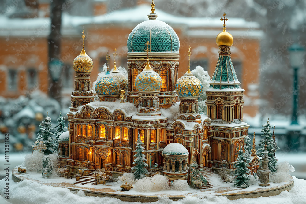 Obraz premium Intricately Detailed Cathedral Model Illuminated in Snowy Winter Wonderland Scene