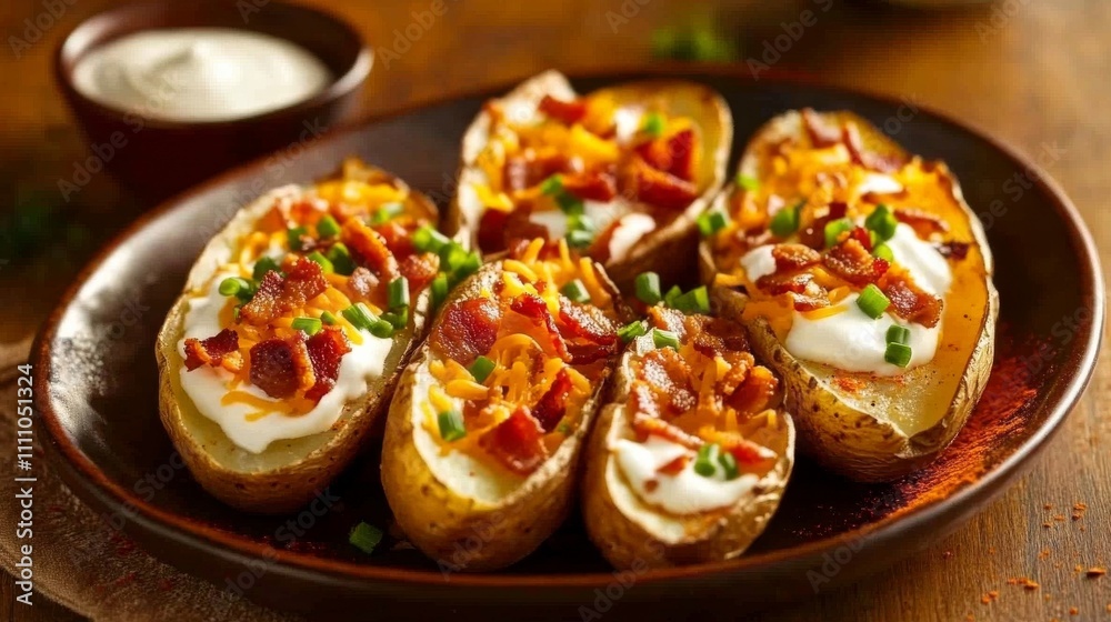 Photo of, A tantalizing platter of loaded potato skins stuffed with bacon, cheddar cheese Photo of, A tantalizing platter of loaded potato skins stuffed with bacon, cheddar cheese