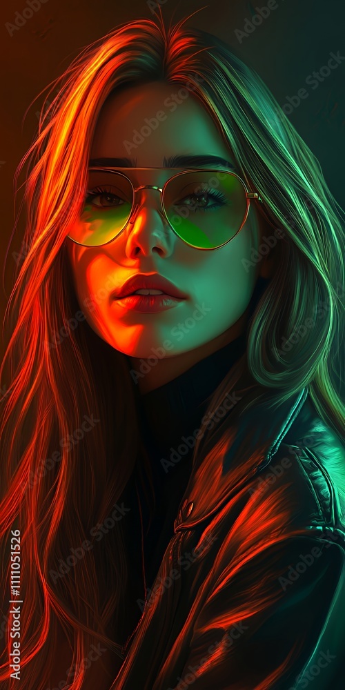 Fototapeta premium Woman With Stylish Sunglasses Posing Confidently in an Artistic Lighting Setup During a Vibrant Evening