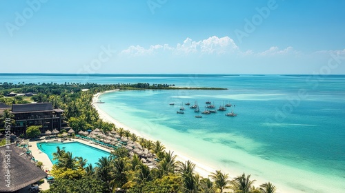 Serene Tropical Beach with Clear Waters and Lush Greenery View