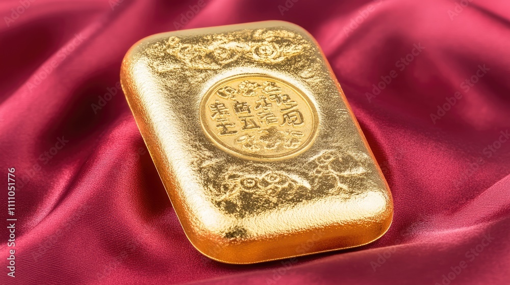 Golden Bar on Red Satin Fabric with Decorative Design Elements Golden Bar on Red Satin Fabric with Decorative Design Elements