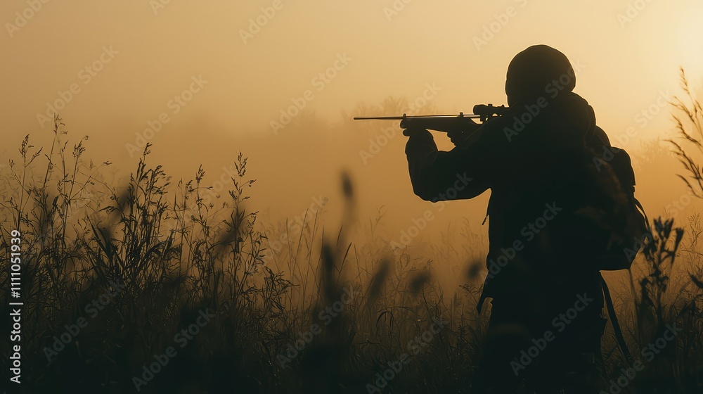 Silhouette of a Soldier with a Rifle Against a Misty Sunrise Landscape in a Calm and Serene Environment Highlighting Focus and Determination in Nature Silhouette of a Soldier with a Rifle Against a Misty Sunrise Landscape in a Calm and Serene Environment Highlighting Focus and Determination in Nature