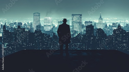 Mysterious Silhouette Overlooking a Neon Cityscape at Night, Evoking Themes of Intrigue, Solitude, and Urban Exploration in a Metropolis Setting