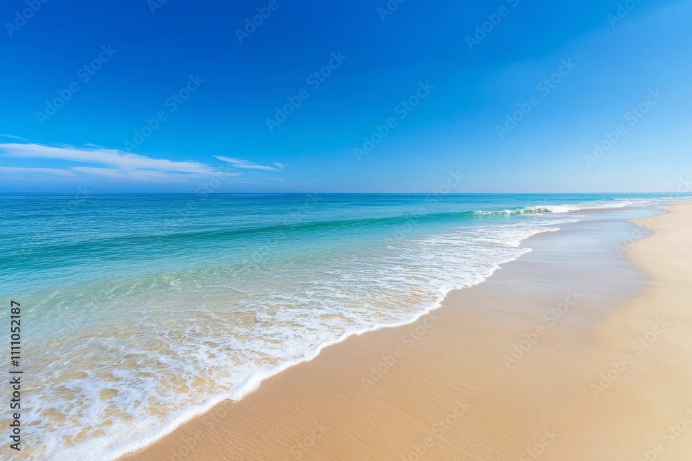 Beautiful shoreline under a clear blue sky with gentle waves lapping at the sand Beautiful shoreline under a clear blue sky with gentle waves lapping at the sand