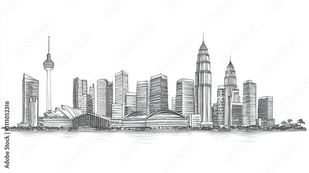 Hand-Drawn Illustration of a Modern City Skyline Featuring Iconic Buildings, Skyscrapers, and Detailed Architecture in a Monochrome Style, Perfect for Artistic Projects Hand-Drawn Illustration of a Modern City Skyline Featuring Iconic Buildings, Skyscrapers, and Detailed Architecture in a Monochrome Style, Perfect for Artistic Projects