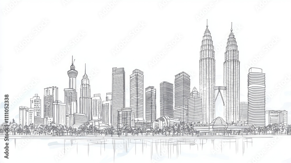 Obraz premium Detailed Sketch of Kuala Lumpur Skyline Featuring Iconic Landmarks and Modern Architecture in a Minimalist Style for Urban Culture Designs and Illustrations