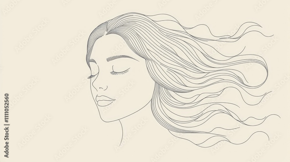 Elegant Line Art of a Serene Woman with Flowing Hair Capturing Peaceful Beauty and Tranquility, Perfect for Wellness and Artistic Themes