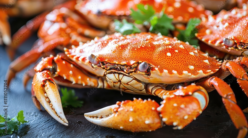 Freshly Cooked Crab with Bright Orange Shell and Garnish on Rustic Black Background - Close-Up of Delicious Seafood Meal Ready to Serve Freshly Cooked Crab with Bright Orange Shell and Garnish on Rustic Black Background - Close-Up of Delicious Seafood Meal Ready to Serve