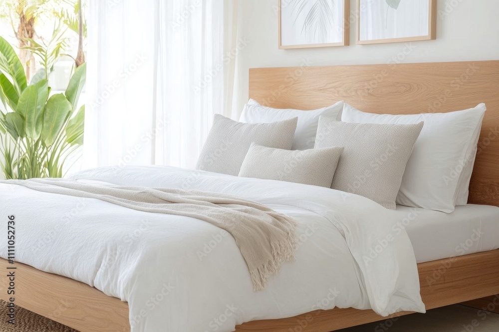 Obraz premium Cozy and modern bedroom featuring a wooden bed and natural decor