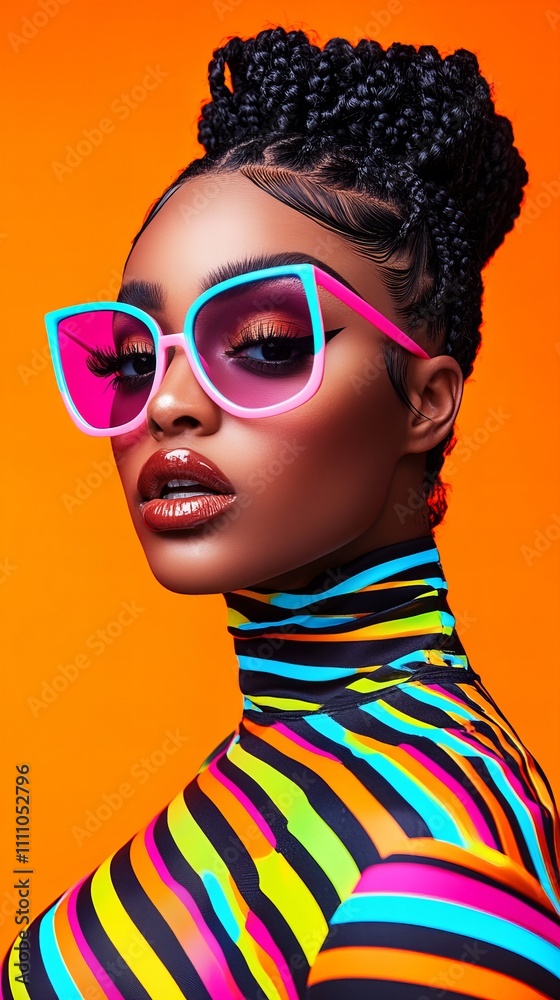 Stylish Black woman with braided hair wearing colorful sunglasses and a striped outfit against an orange background. Stylish Black woman with braided hair wearing colorful sunglasses and a striped outfit against an orange background.