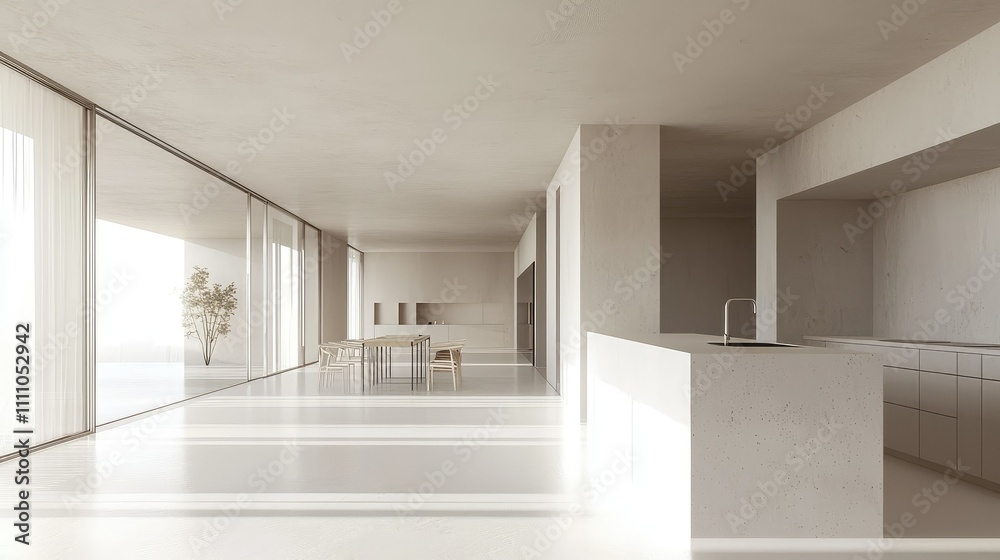 Spacious Modern Minimalist Home Interior with Bright Natural Light and Open Floor Plan Featuring a Sleek Kitchen and Dining Area in a Serene Atmosphere Spacious Modern Minimalist Home Interior with Bright Natural Light and Open Floor Plan Featuring a Sleek Kitchen and Dining Area in a Serene Atmosphere