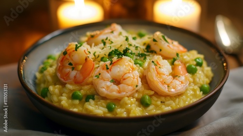 Photo of, A tempting bowl of creamy risotto infused with saffron and studded with plump shrimp and sweet peas, Risotto bowl centered photo