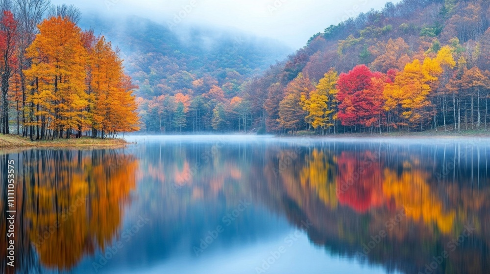 Autumnal Trees Reflecting in a Foggy Lake Autumnal Trees Reflecting in a Foggy Lake