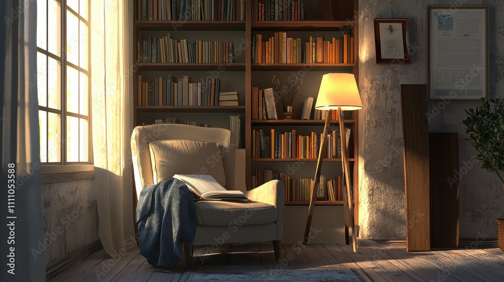 Cozy reading nook in a sunlit room with a comfortable armchair, warm floor lamp, and an inviting bookshelf, perfect for relaxation and inspiration. Cozy reading nook in a sunlit room with a comfortable armchair, warm floor lamp, and an inviting bookshelf, perfect for relaxation and inspiration.
