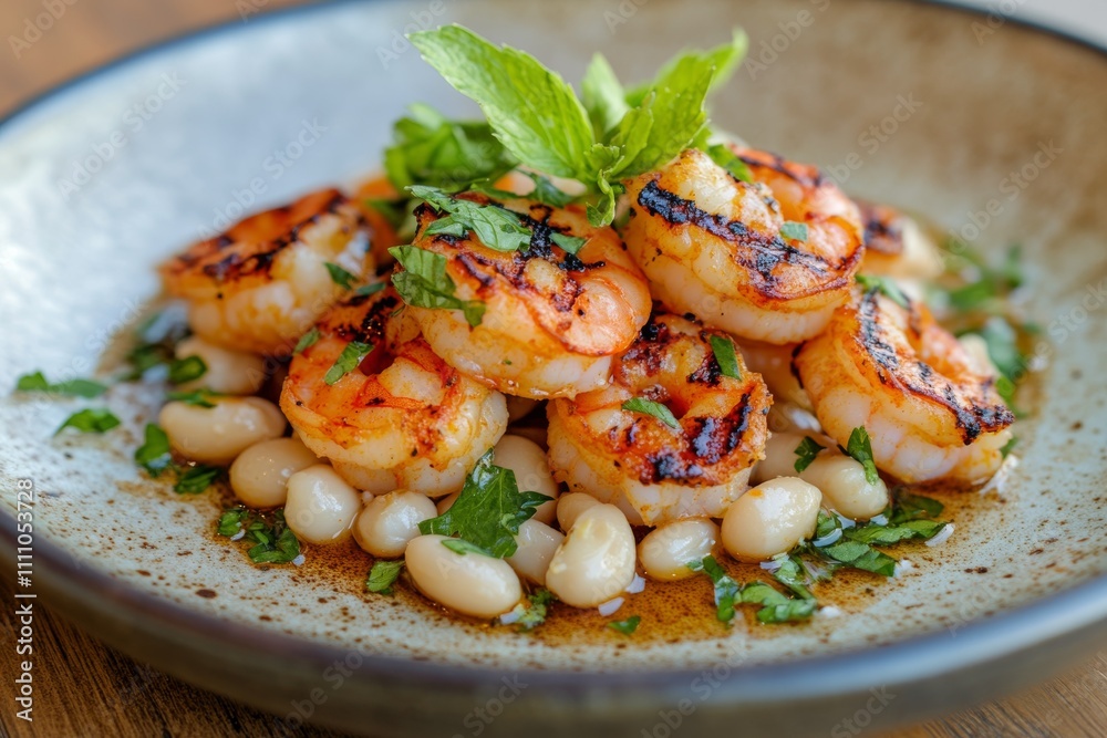Grilled shrimp with white beans and herbs served in a rustic clay dish at a sunny outdoor restaurant Grilled shrimp with white beans and herbs served in a rustic clay dish at a sunny outdoor restaurant