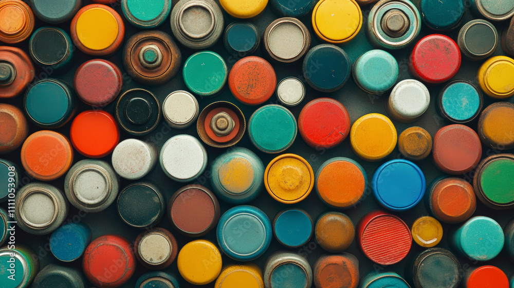 A vibrant collection of multicolored paint can lids arranged in a dynamic pattern, showcasing a diverse array of hues and textures. A vibrant collection of multicolored paint can lids arranged in a dynamic pattern, showcasing a diverse array of hues and textures.