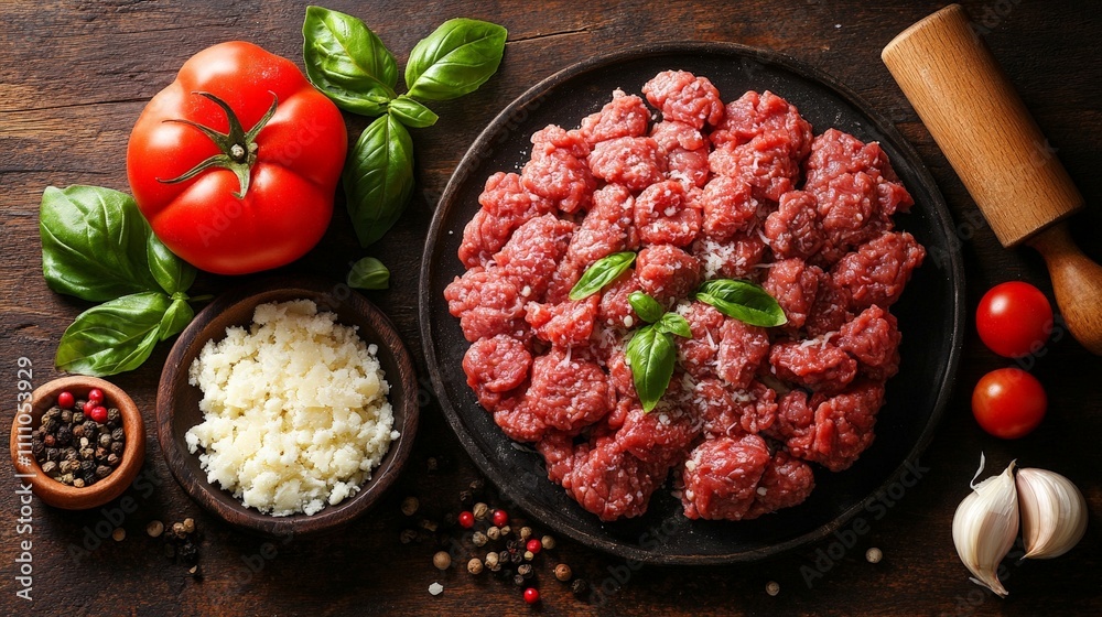 A plate of raw ground meat with fresh ingredients for cooking. A plate of raw ground meat with fresh ingredients for cooking.