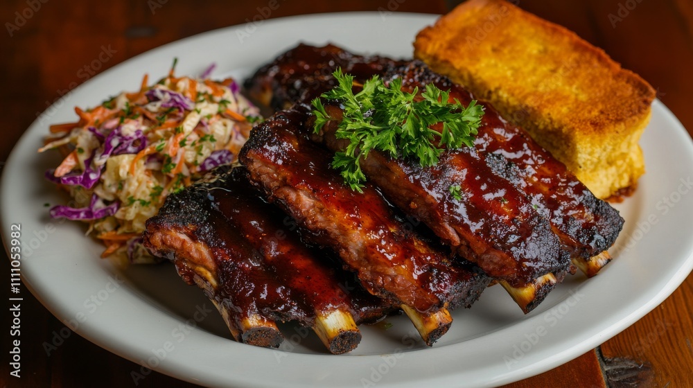 Photo of, A tempting plate of barbecue ribs with a sticky glaze, served with coleslaw and cornbread Photo of, A tempting plate of barbecue ribs with a sticky glaze, served with coleslaw and cornbread