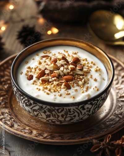 Gourmet dry yogurt with mixed nuts and gold flakes in decorative bowl for elegant dining and culinary inspiration