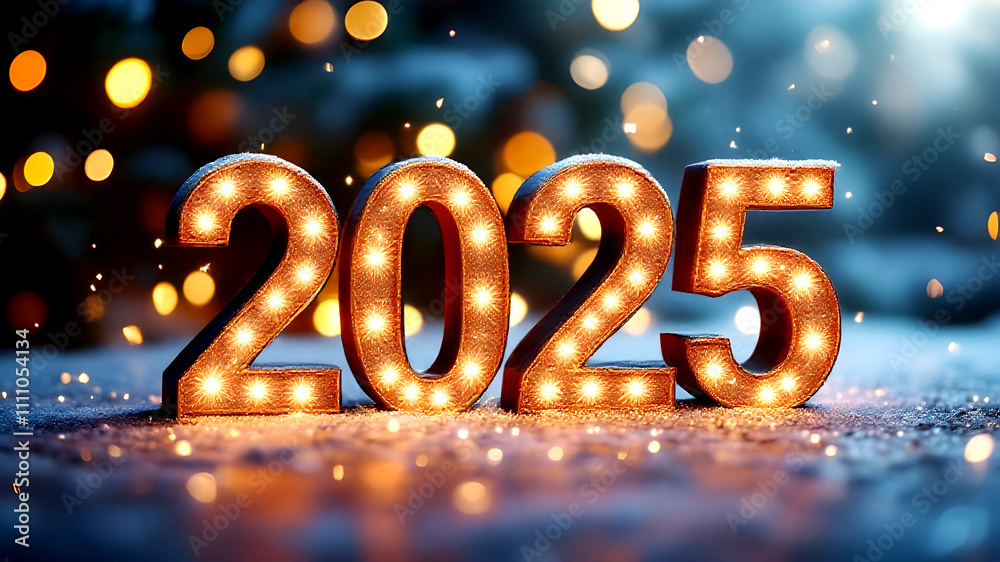 Happy new year 2025 on card background and sparks with warm lights Happy new year 2025 on card background and sparks with warm lights