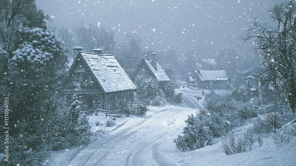 Serene Winter Landscape with Snow-Covered Charming Cabins Nestled Among Trees Under Heavy Snowfall in a Peaceful Rural Setting Serene Winter Landscape with Snow-Covered Charming Cabins Nestled Among Trees Under Heavy Snowfall in a Peaceful Rural Setting