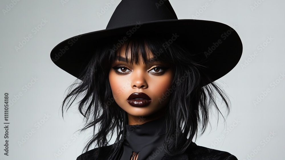 A striking young Black woman exudes confidence in a stylish black hat and bold makeup. A striking young Black woman exudes confidence in a stylish black hat and bold makeup.