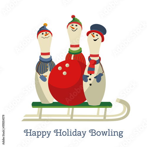Christmas holiday bowling fancy vector icon. Bowling ball, funny pins in sleigh cartoon design element. Bowl club x-mas holidays invitation template. Christmas bowl party event background illustration