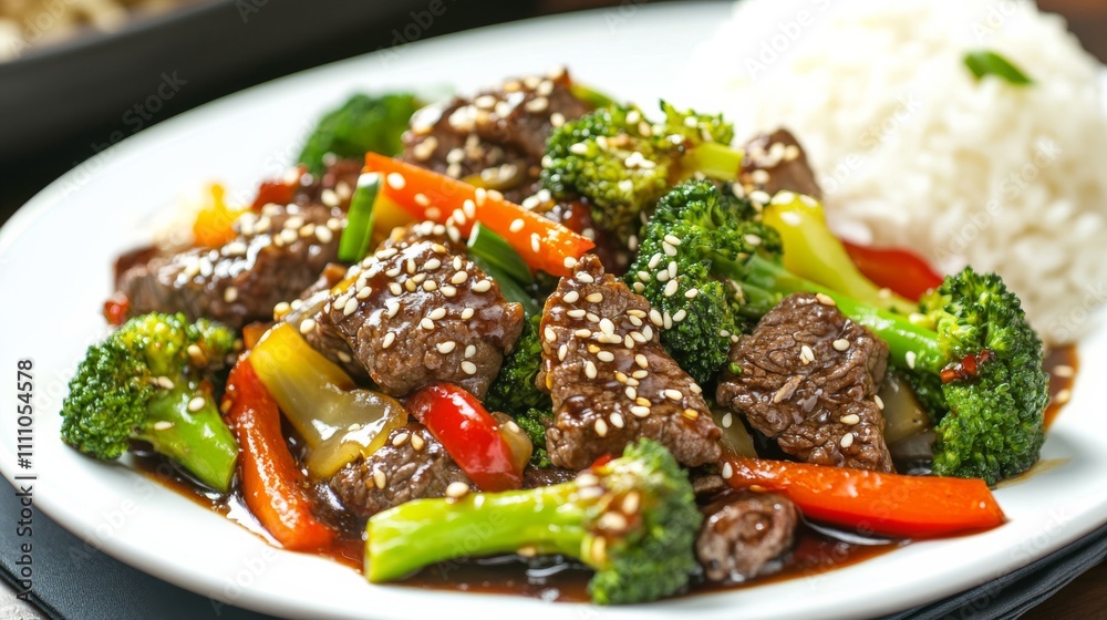 Photo of, A tempting plate of beef stir-fry with broccoli, bell peppers Photo of, A tempting plate of beef stir-fry with broccoli, bell peppers