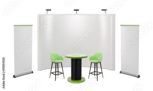 Roll up stand. Booth banner for trade show. 3D rollup mockup. High pull roller. Fair promotion presentation. Empty desk and chairs for presenters. Vector exhibition studio billboards