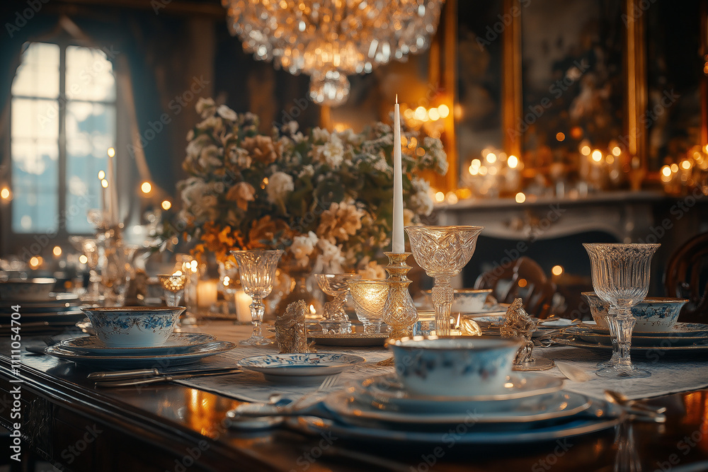 Elegant Dining Room Setting with Crystal Glassware and Floral Centerpiece Elegant Dining Room Setting with Crystal Glassware and Floral Centerpiece