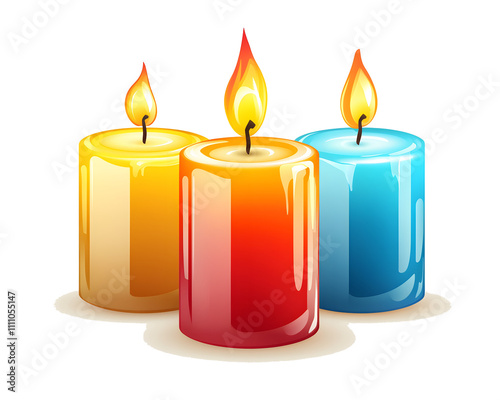 Three colorful candles in vibrant shades of orange, red, and blue, with flickering flames, set against a white background, perfect for creating a cozy atmosphere.