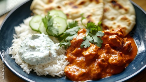 Photo of, A tempting plate of chicken tikka masala served with basmati rice and garlic naan, Chicken tikka masala arranged neatly on the plate