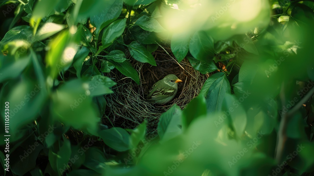 Return of Spring: A Serene Bird Nest Surrounded by Lush Green Leaves, Capturing the Beauty of Nature and the Wonder of New Life in a Peaceful Environment Return of Spring: A Serene Bird Nest Surrounded by Lush Green Leaves, Capturing the Beauty of Nature and the Wonder of New Life in a Peaceful Environment