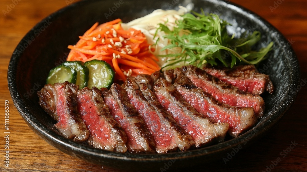 A plate of sliced beef served with vegetables and garnishes, showcasing a delicious meal. A plate of sliced beef served with vegetables and garnishes, showcasing a delicious meal.