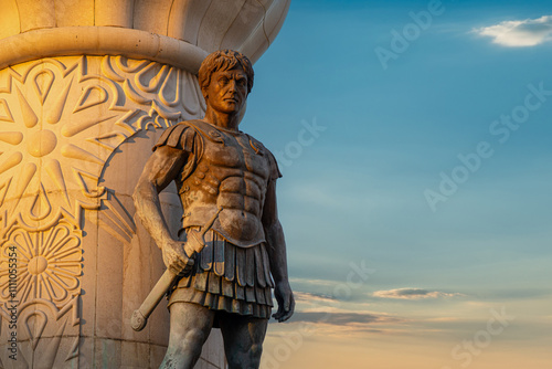 Detail of Ancient Warrior from Philip II of Macedon Monument - Bronze Soldier at Historical Landmark in Old Charshija, Skopje, North Macedonia at Golden Hour